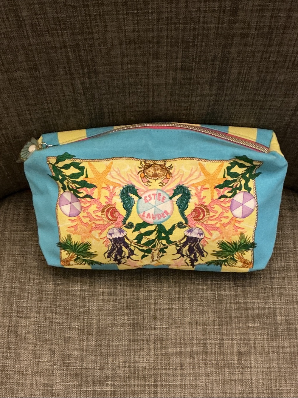 Estee Lauder Turquoise & Yellow Seaside Print Cosmetic Pouch